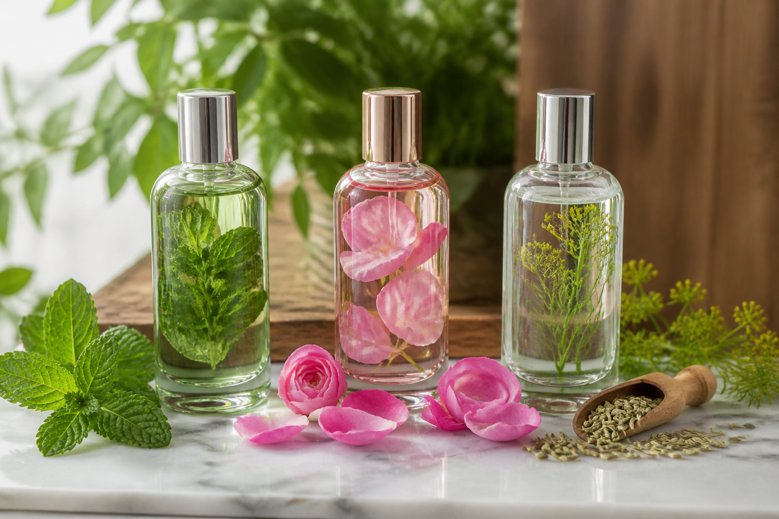 چیدمان بطری گلاب و عرقیجات گیاهی ارگانیک عصاره روی میز چوبی